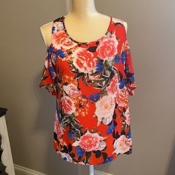 ❤️EUC Rose & Olive Cold Shoulder Top Size Medium❤️ - Picture 1 of 7